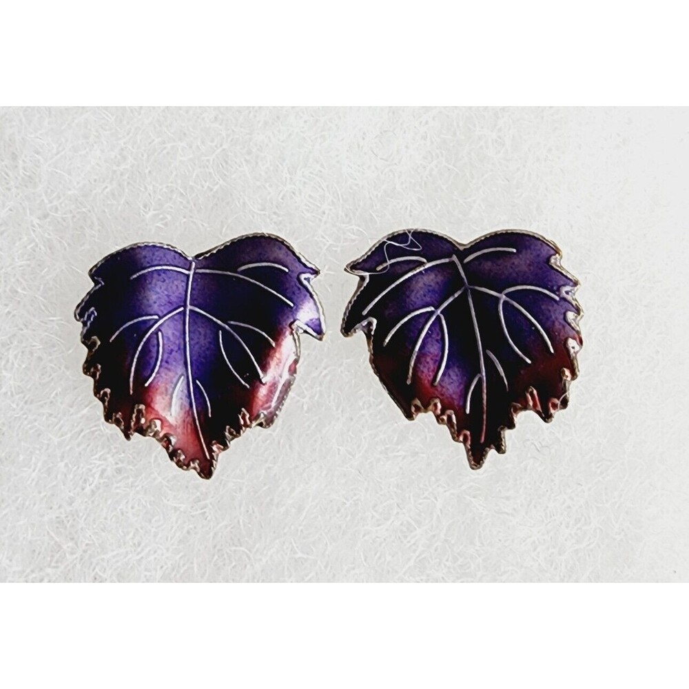 Vintage Shashi Flower Sterling Vermeil Enameled Leaf Purple Pierced Earrings